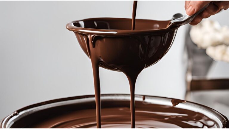 A close-up of melted chocolate, pouring into a container, showcasing the rich texture.