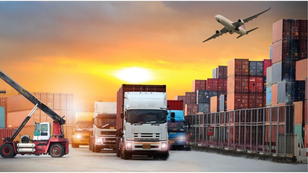 Logistics operations with trucks and containers, symbolizing seamless goods transfer and timely delivery.