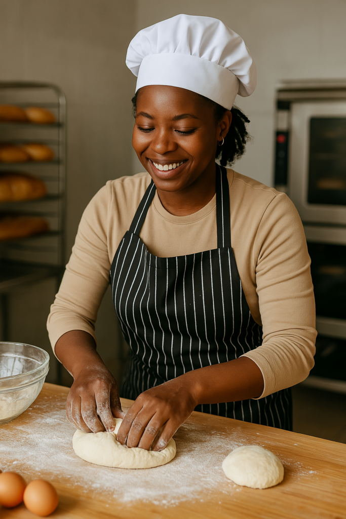 Ghanaian baker preparing baked goods using high-quality ingredients Ghanaian woman baking bread in a commercial kitchen using high-quality ingredients